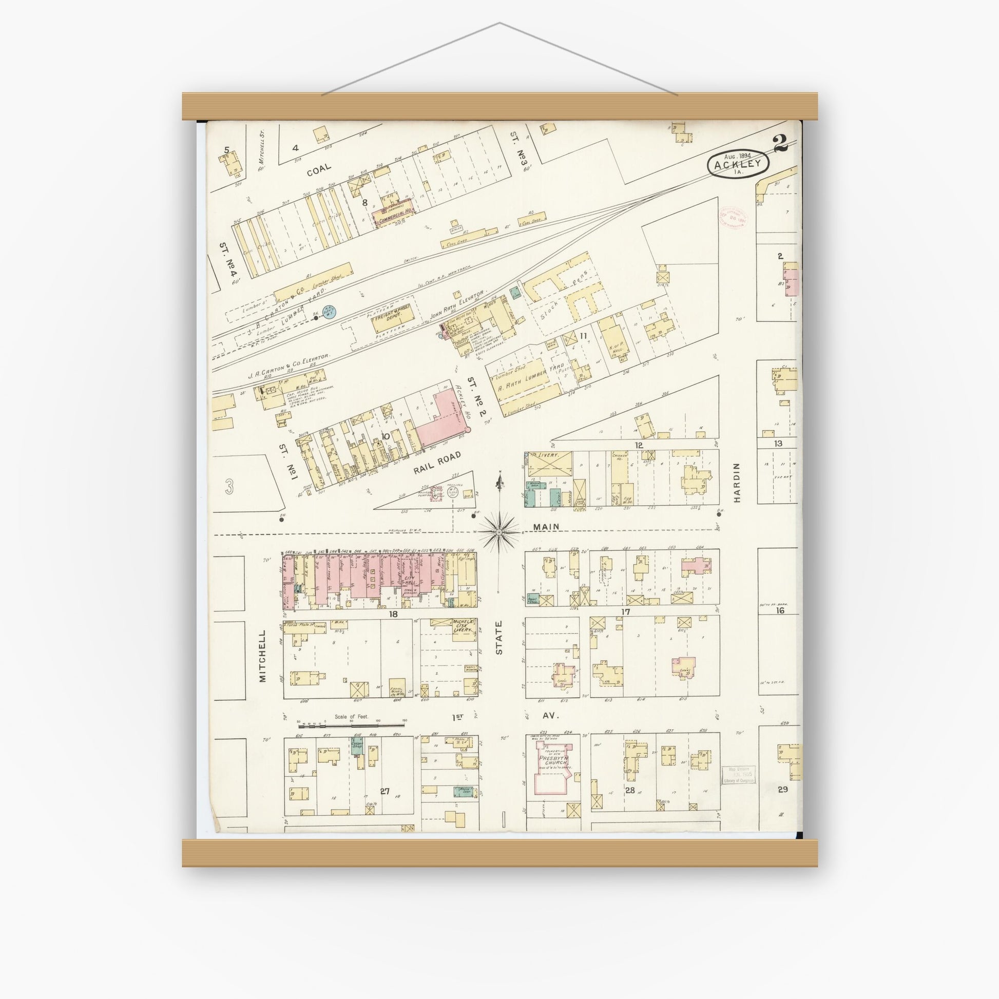 Old map wall art mockup — magnetic wood frame on white wall — Sanborn Fire Insurance Map from Ackley, Hardin and Franklin Counties, Iowa (1894), Sheet #0002