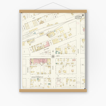 Old map wall art mockup — magnetic wood frame on white wall — Sanborn Fire Insurance Map from Ackley, Hardin and Franklin Counties, Iowa (1894), Sheet #0002