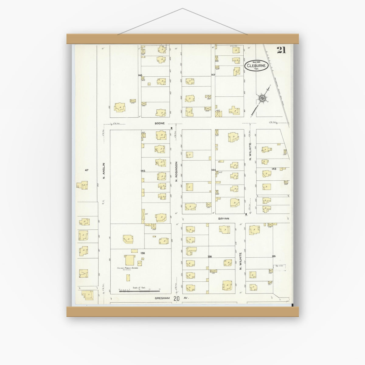 Old map wall art mockup — magnetic wood frame on white wall — Sanborn Fire Insurance Map from Cleburne, Johnson County, Texas (1910), Sheet #0021