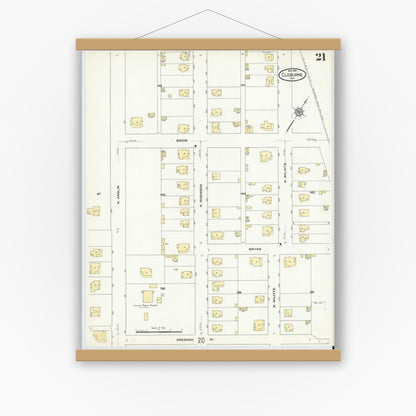 Old map wall art mockup — magnetic wood frame on white wall — Sanborn Fire Insurance Map from Cleburne, Johnson County, Texas (1910), Sheet #0021