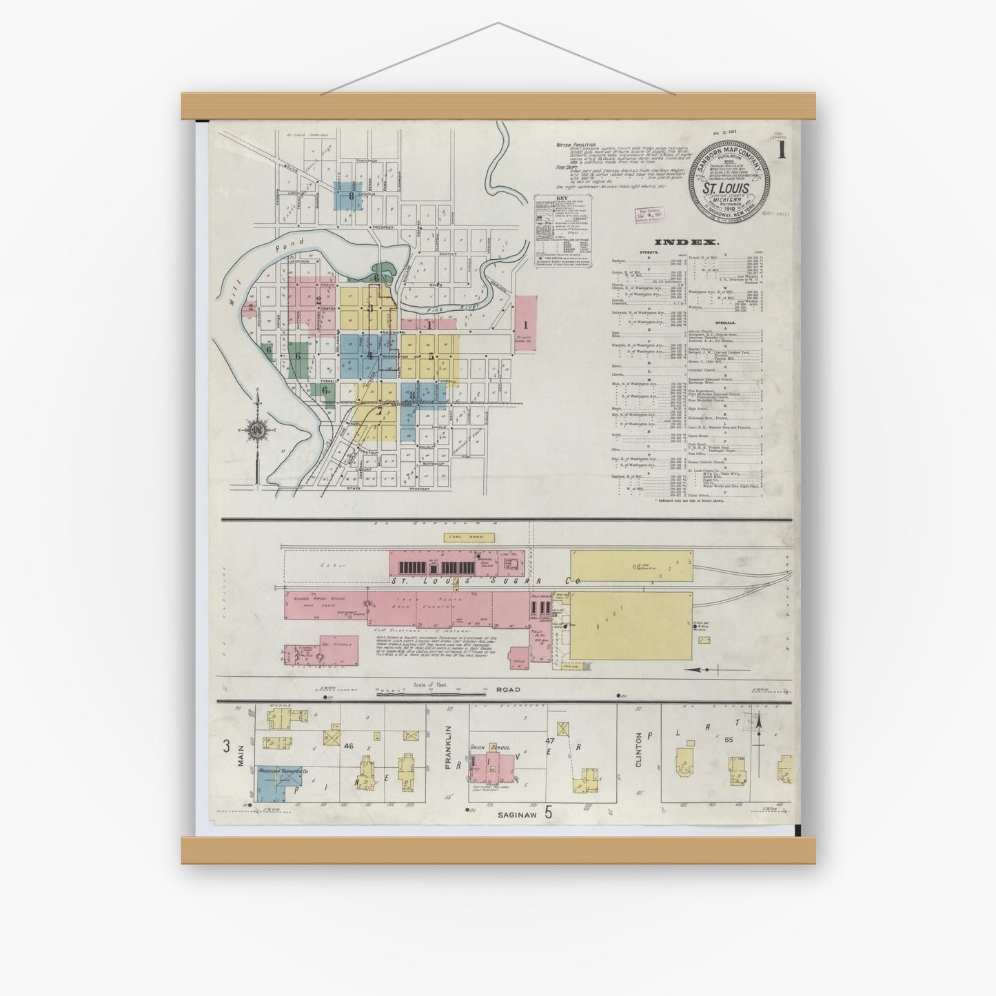 Old map wall art mockup — magnetic wood frame on white wall — Sanborn Fire Insurance Map from Saint Louis, Gratiot County, Michigan (1910) - Complete Map Set