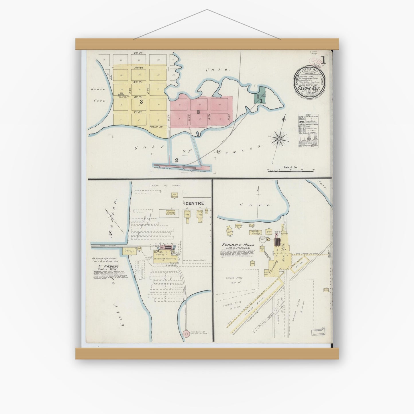 Old map wall art mockup — magnetic wood frame on white wall — Sanborn Fire Insurance Map from Cedar Key, Levy County, Florida (1890), Sheet #0001