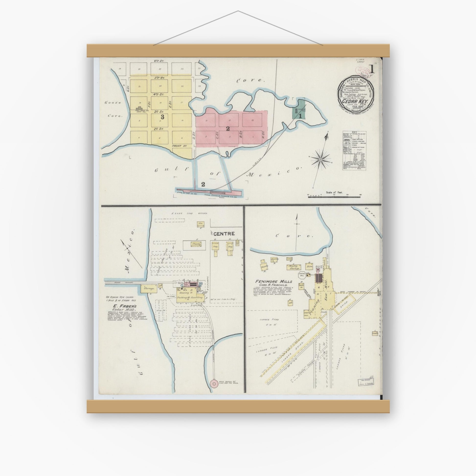 Old map wall art mockup — magnetic wood frame on white wall — Sanborn Fire Insurance Map from Cedar Key, Levy County, Florida (1890), Sheet #0001