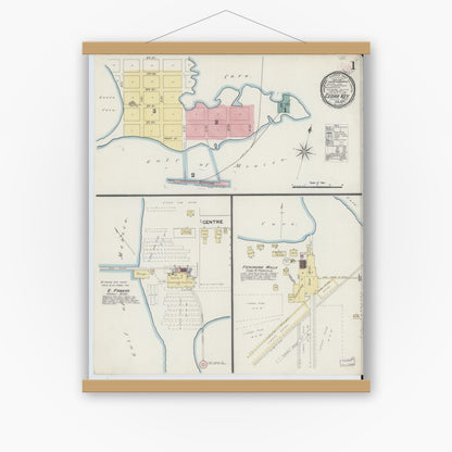 Old map wall art mockup — magnetic wood frame on white wall — Sanborn Fire Insurance Map from Cedar Key, Levy County, Florida (1890), Sheet #0001