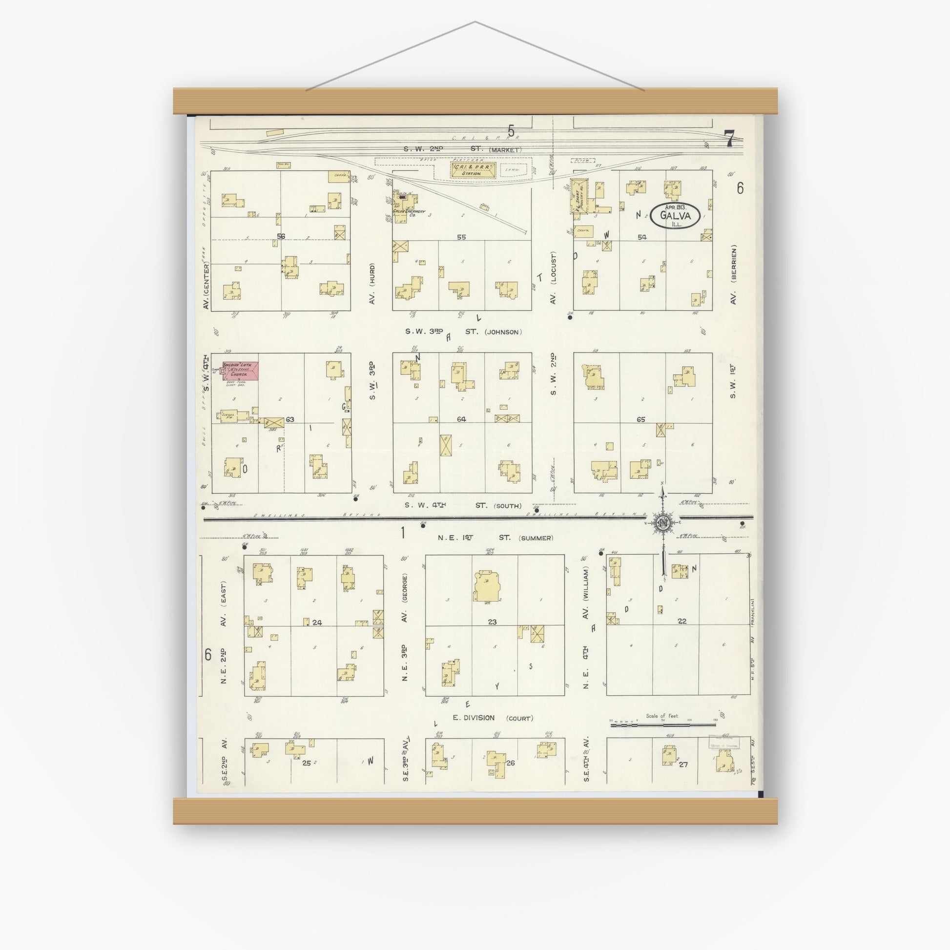 Old map wall art mockup — magnetic wood frame on white wall — Sanborn Fire Insurance Map from Galva, Henry County, Illinois (1913), Sheet #0007
