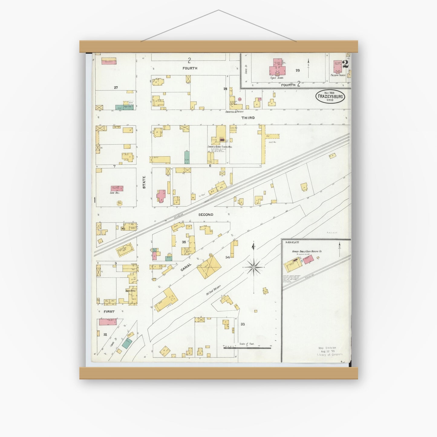 Old map wall art mockup — magnetic wood frame on white wall — Sanborn Fire Insurance Map from Frazeysburg, Muskingum County, Ohio (1905), Sheet #0002