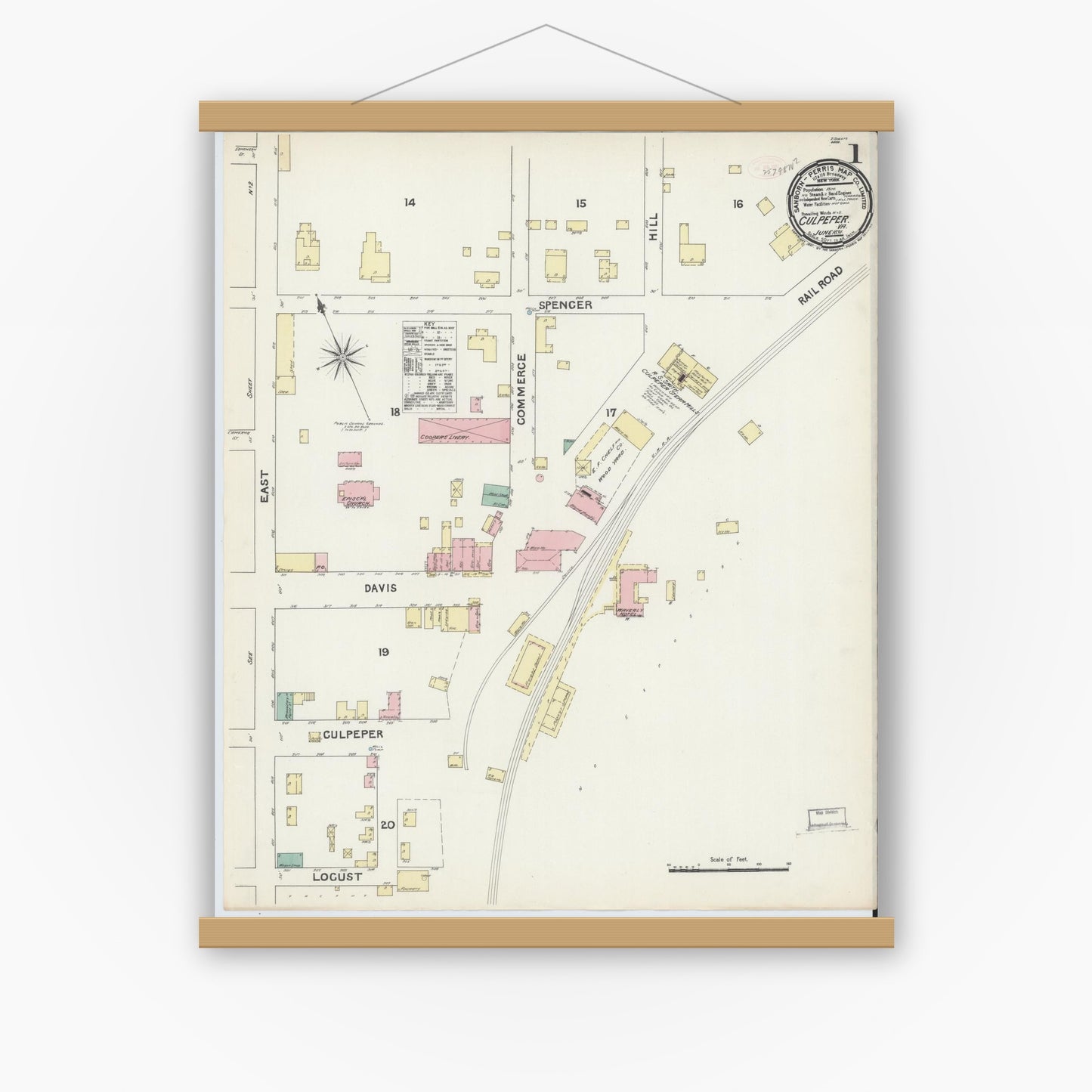 Old map wall art mockup — magnetic wood frame on white wall — Sanborn Fire Insurance Map from Culpeper, Culpeper County, Virginia (1891) - Complete Map Set