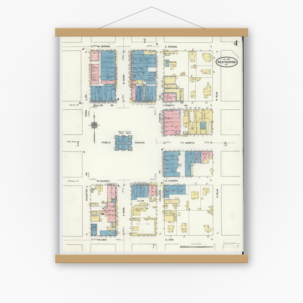 Old map wall art mockup — magnetic wood frame on white wall — Sanborn Fire Insurance Map from Weatherford, Parker County, Texas (1910), Sheet #0004