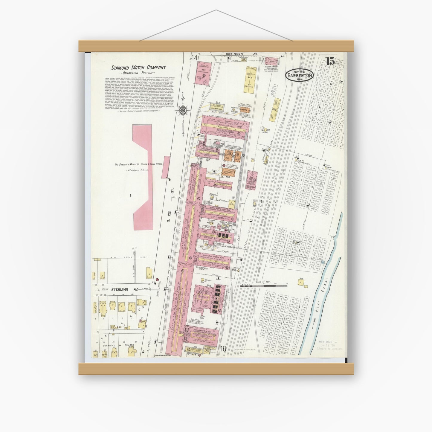 Old map wall art mockup — magnetic wood frame on white wall — Sanborn Fire Insurance Map from Barberton, Summit County, Ohio (1916), Sheet #0015