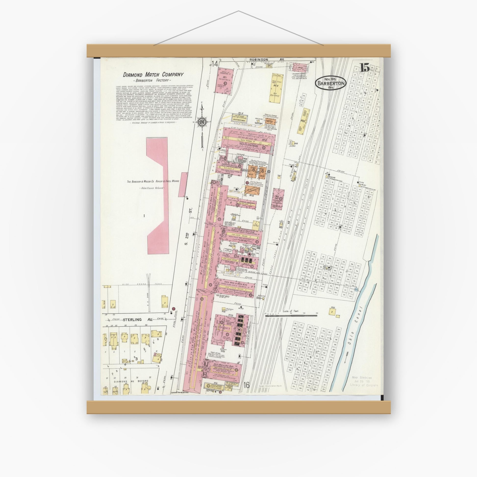 Old map wall art mockup — magnetic wood frame on white wall — Sanborn Fire Insurance Map from Barberton, Summit County, Ohio (1916), Sheet #0015