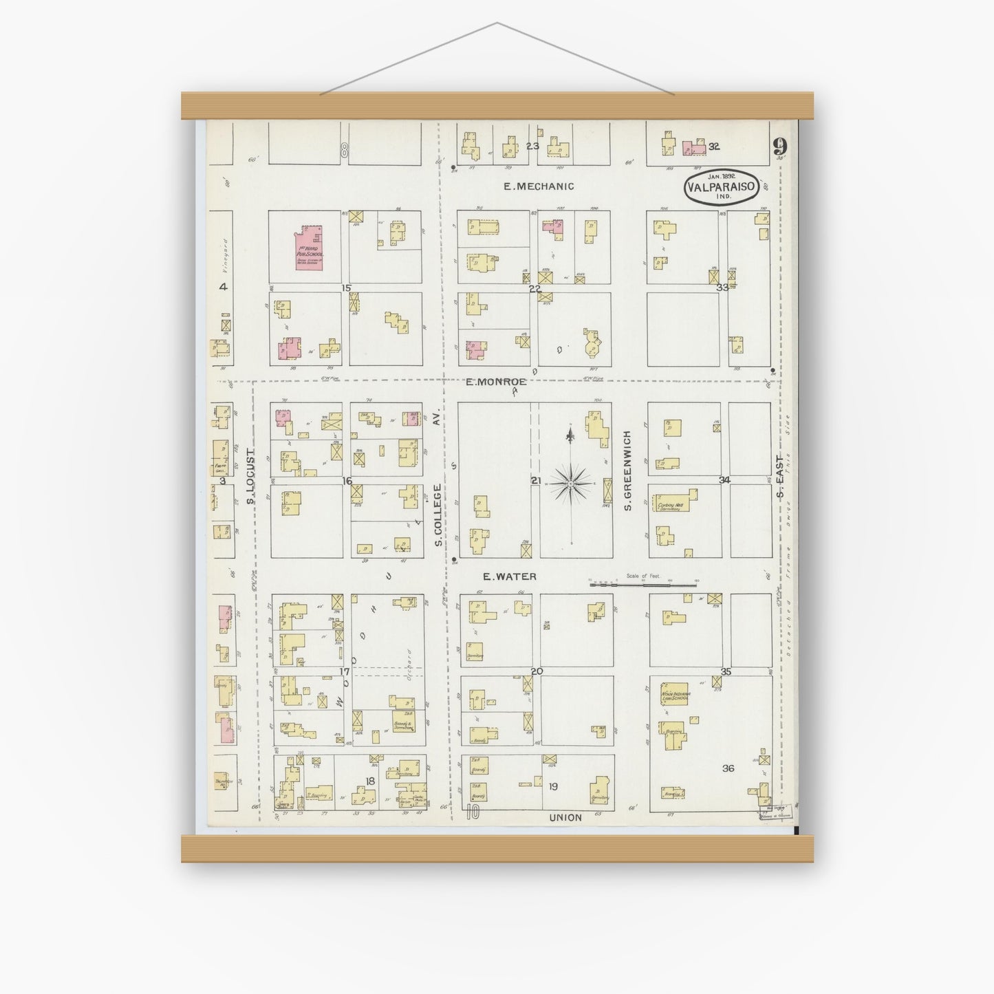 Old map wall art mockup — magnetic wood frame on white wall — Sanborn Fire Insurance Map from Valparaiso, Porter County, Indiana (1892), Sheet #0009
