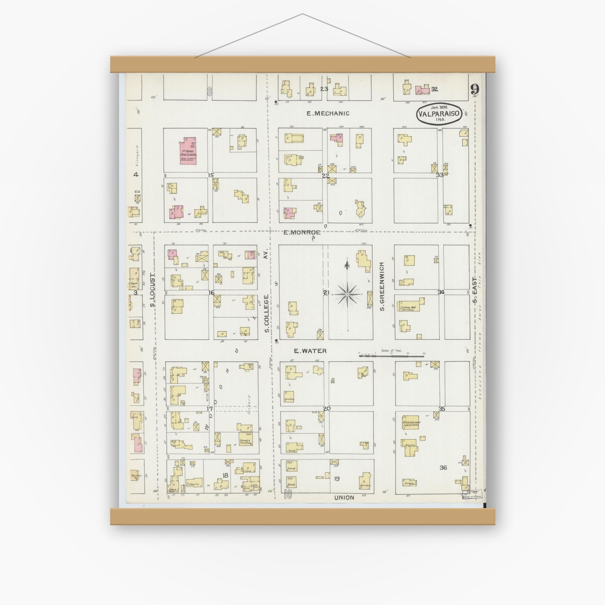 Old map wall art mockup — magnetic wood frame on white wall — Sanborn Fire Insurance Map from Valparaiso, Porter County, Indiana (1892), Sheet #0009
