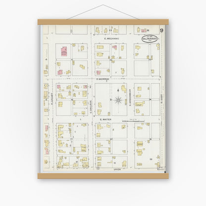 Old map wall art mockup — magnetic wood frame on white wall — Sanborn Fire Insurance Map from Valparaiso, Porter County, Indiana (1892), Sheet #0009
