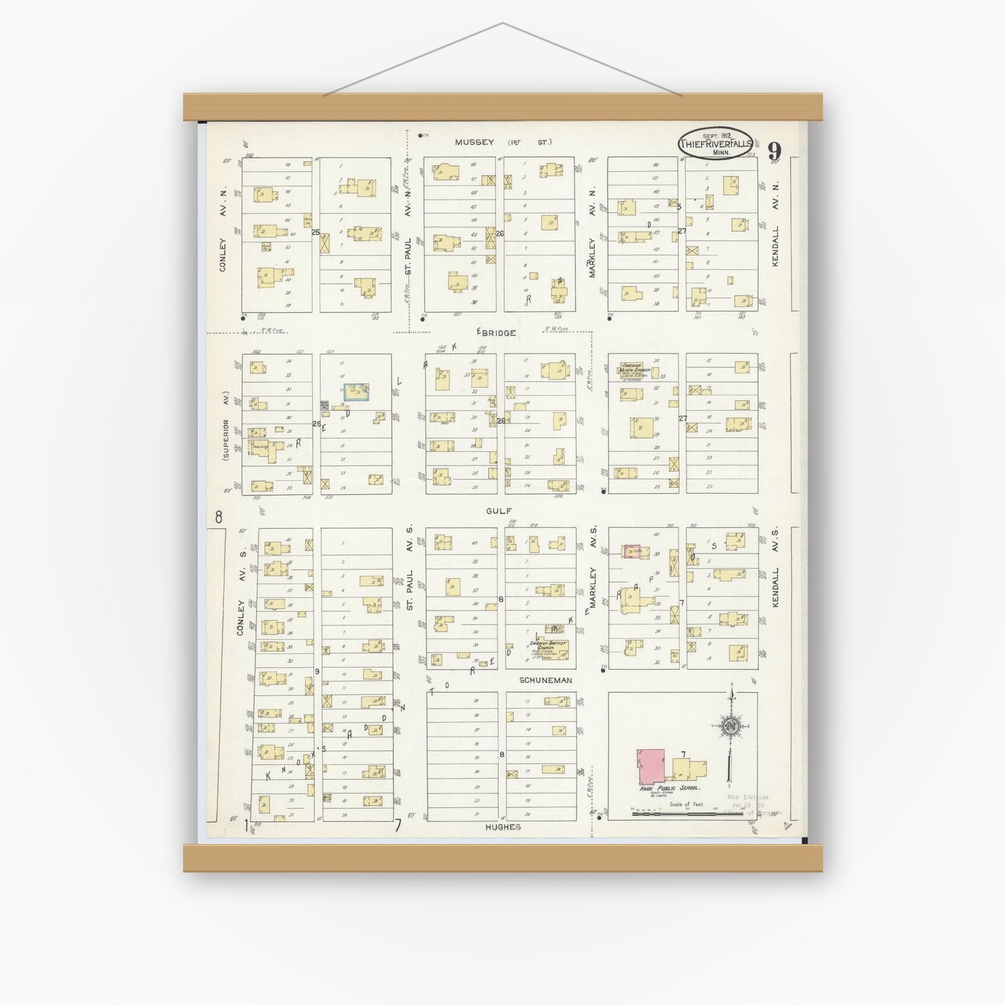 Old map wall art mockup — magnetic wood frame on white wall — Sanborn Fire Insurance Map from Thief River Falls, Pennington County, Minnesota (1912), Sheet #0009