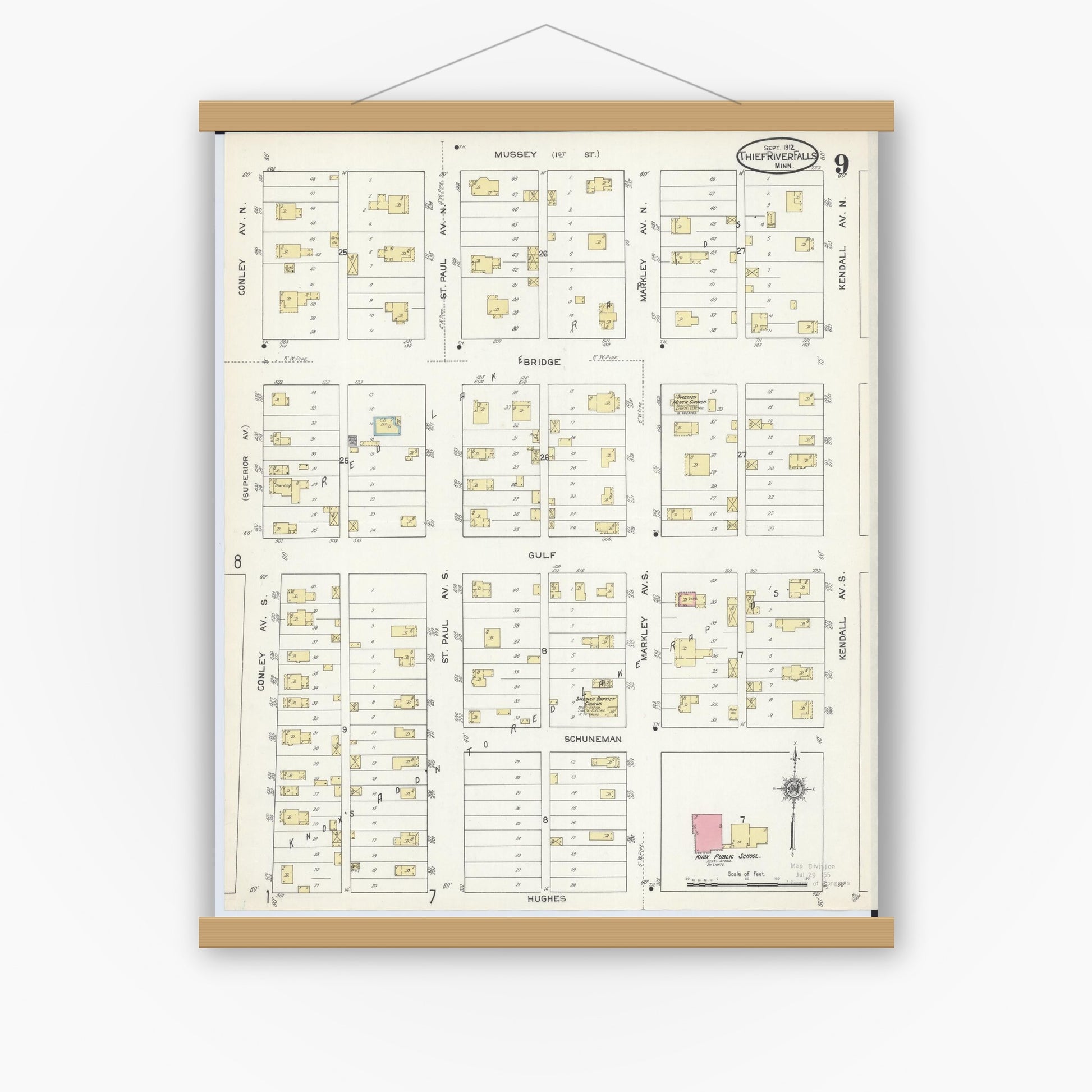 Old map wall art mockup — magnetic wood frame on white wall — Sanborn Fire Insurance Map from Thief River Falls, Pennington County, Minnesota (1912), Sheet #0009