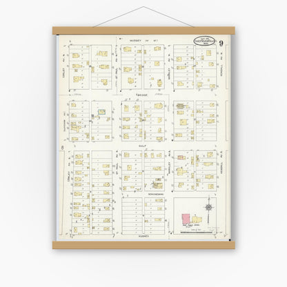 Old map wall art mockup — magnetic wood frame on white wall — Sanborn Fire Insurance Map from Thief River Falls, Pennington County, Minnesota (1912), Sheet #0009