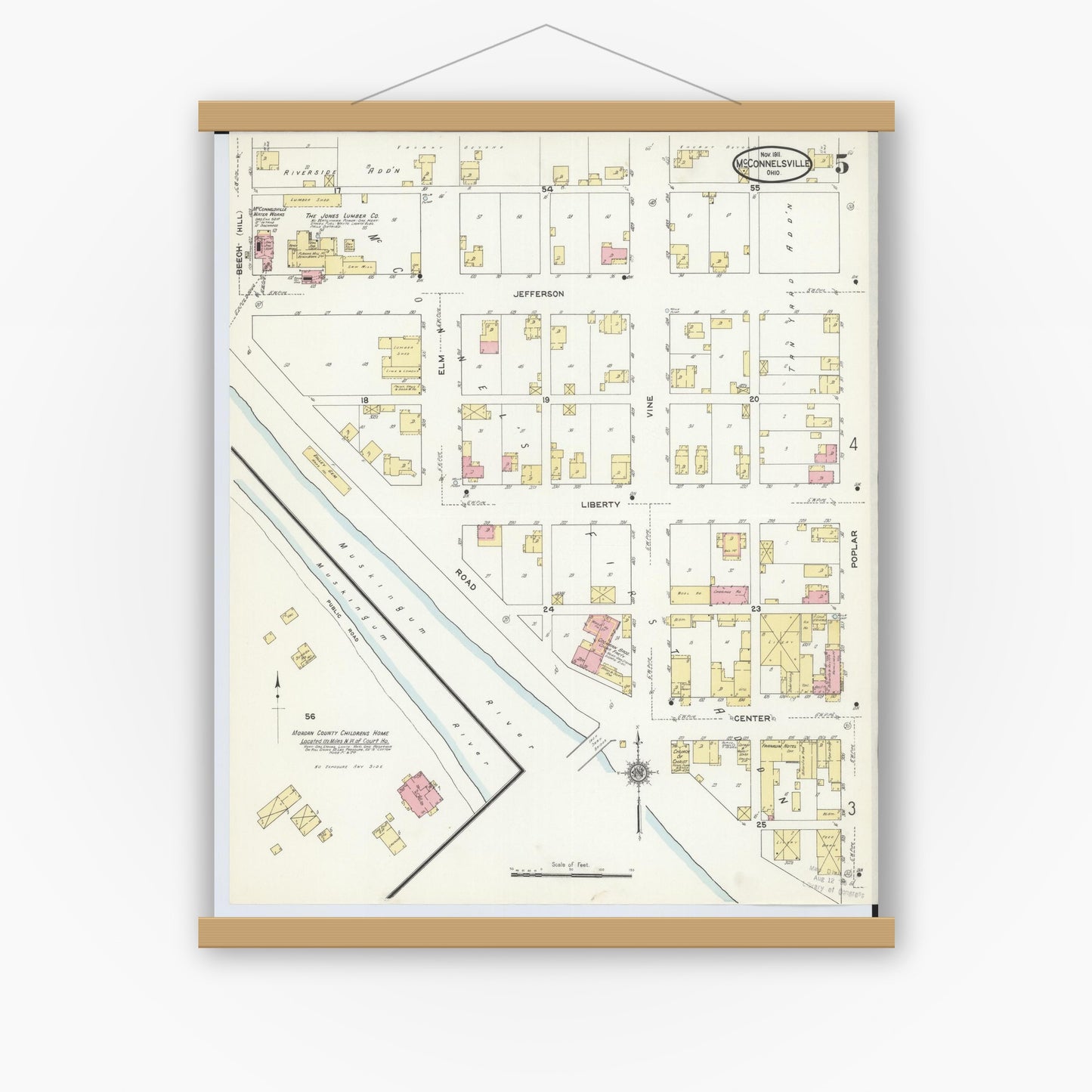 Old map wall art mockup — magnetic wood frame on white wall — Sanborn Fire Insurance Map from McConnelsville, Morgan County, Ohio (1911), Sheet #0005