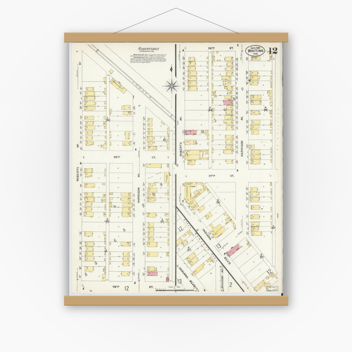 Old map wall art mockup — magnetic wood frame on white wall — Sanborn Fire Insurance Map from Whiting, Lake County, Indiana (1907), Sheet #0012