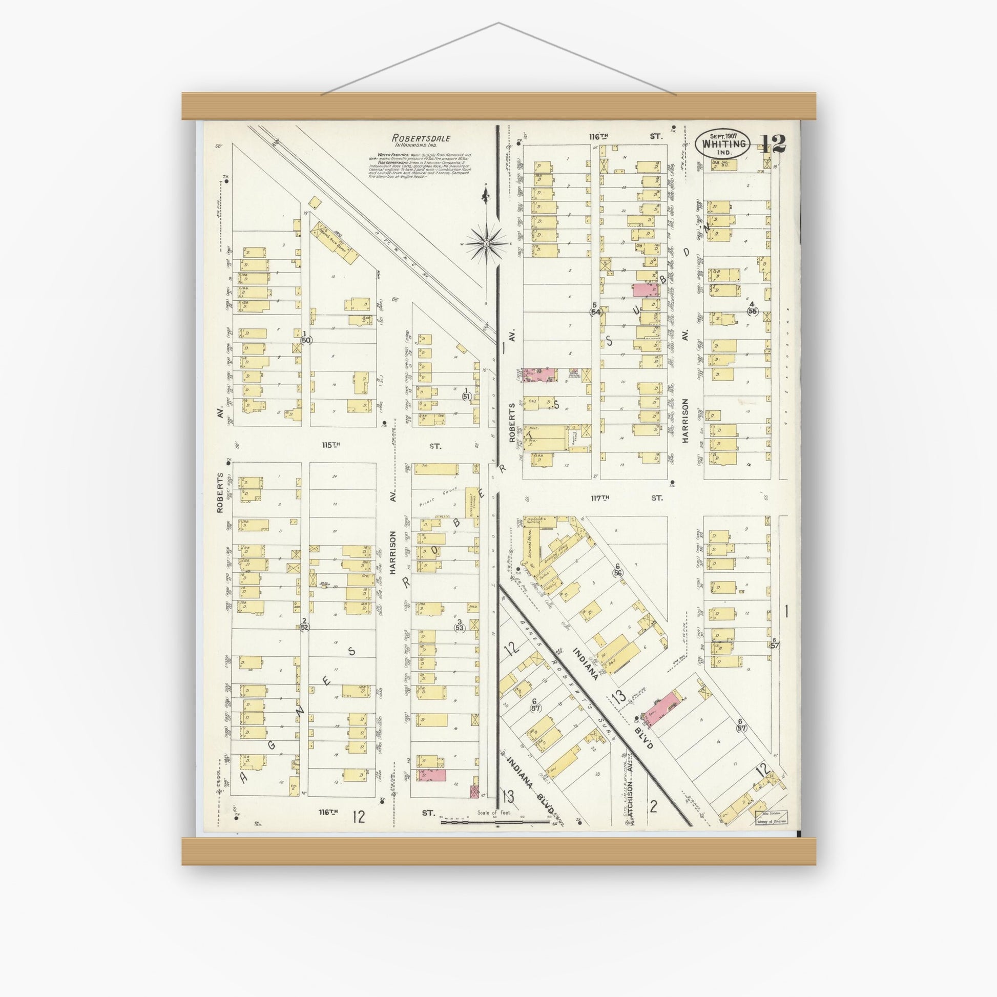 Old map wall art mockup — magnetic wood frame on white wall — Sanborn Fire Insurance Map from Whiting, Lake County, Indiana (1907), Sheet #0012