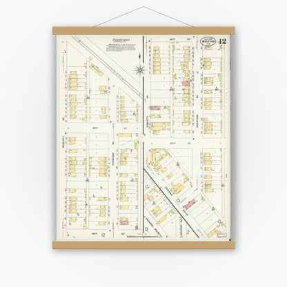 Old map wall art mockup — magnetic wood frame on white wall — Sanborn Fire Insurance Map from Whiting, Lake County, Indiana (1907), Sheet #0012
