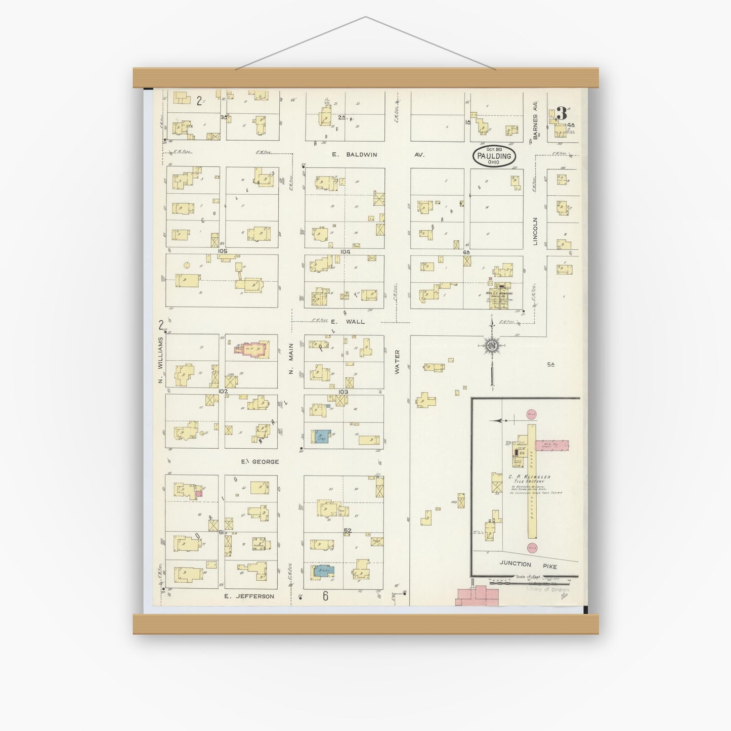 Old map wall art mockup — magnetic wood frame on white wall — Sanborn Fire Insurance Map from Paulding, Paulding County, Ohio (1913), Sheet #0003