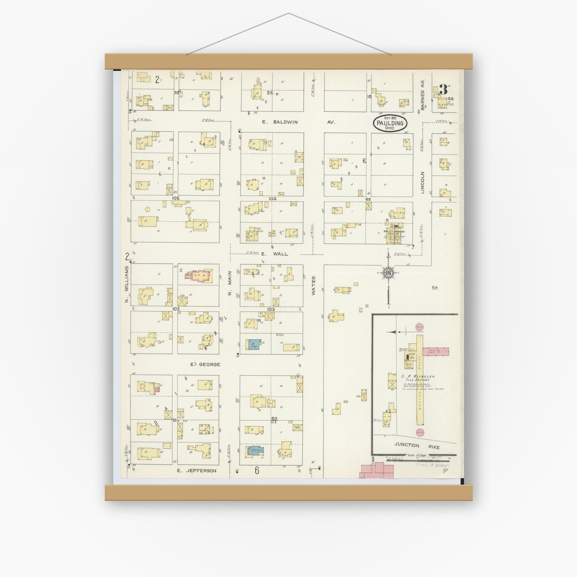 Old map wall art mockup — magnetic wood frame on white wall — Sanborn Fire Insurance Map from Paulding, Paulding County, Ohio (1913), Sheet #0003