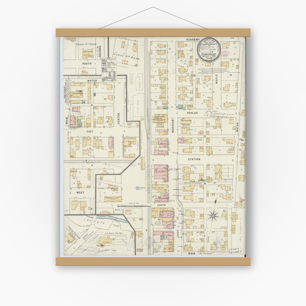 Old map wall art mockup — magnetic wood frame on white wall — Sanborn Fire Insurance Map from Zionsville, Boone County, Indiana (1895), Sheet #0001