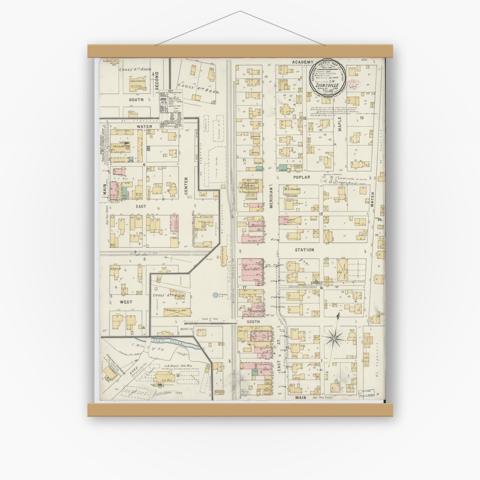 Old map wall art mockup — magnetic wood frame on white wall — Sanborn Fire Insurance Map from Zionsville, Boone County, Indiana (1895), Sheet #0001