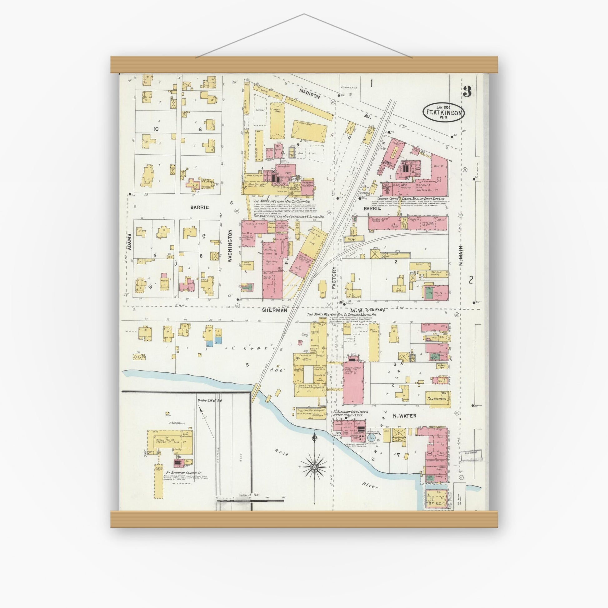 Old map wall art mockup — magnetic wood frame on white wall — Sanborn Fire Insurance Map from Fort Atkinson, Jefferson County, Wisconsin (1904), Sheet #0003