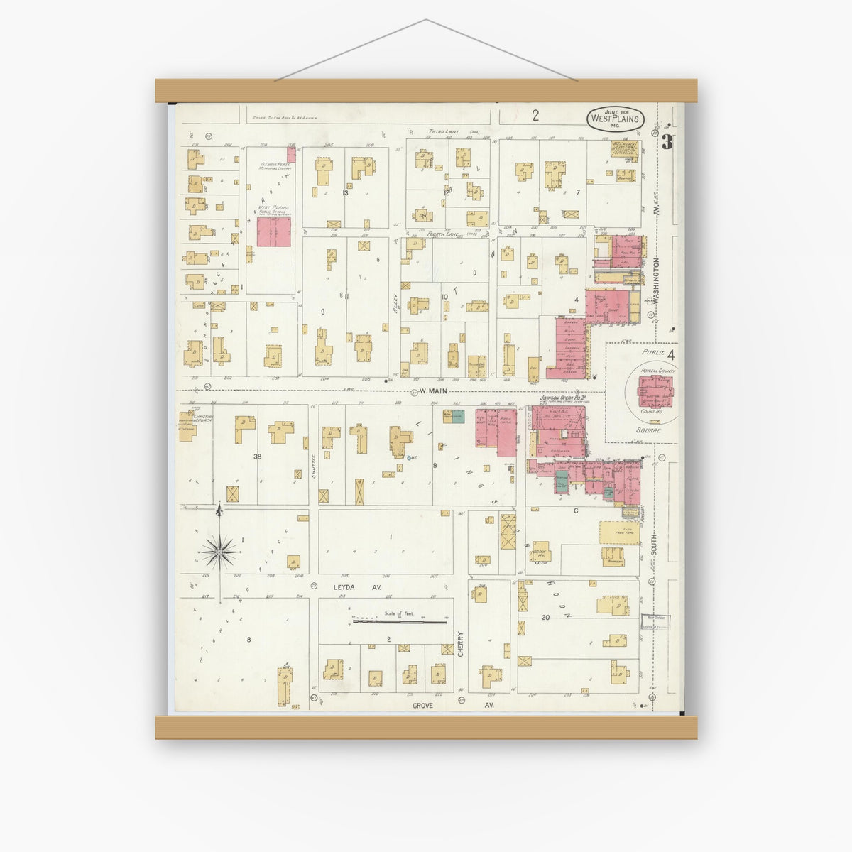 Old map wall art mockup — magnetic wood frame on white wall — Sanborn Fire Insurance Map from West Plains, Howell County, Missouri (1906), Sheet #0003