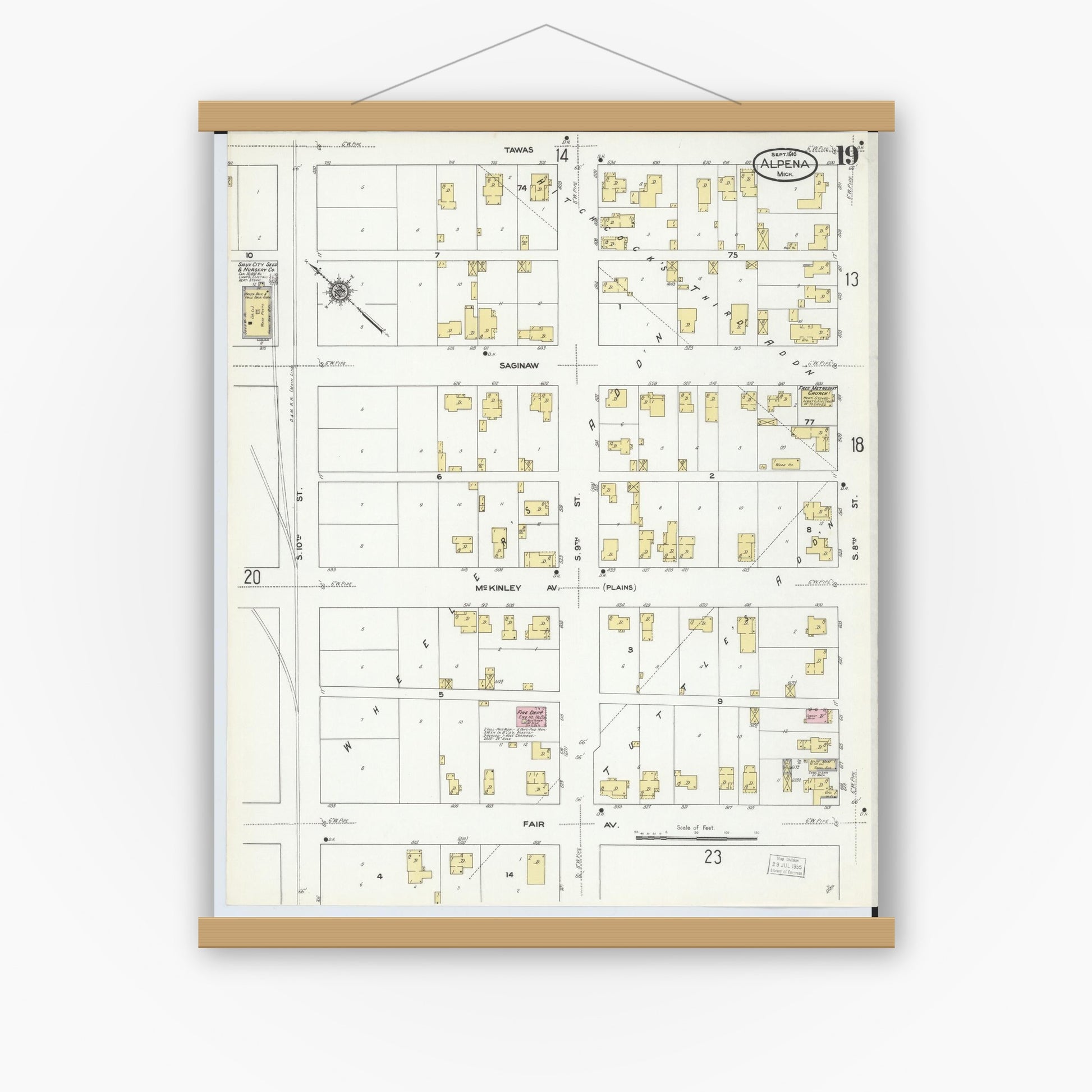 Old map wall art mockup — magnetic wood frame on white wall — Sanborn Fire Insurance Map from Alpena, Alpena County, Michigan (1910), Sheet #0019