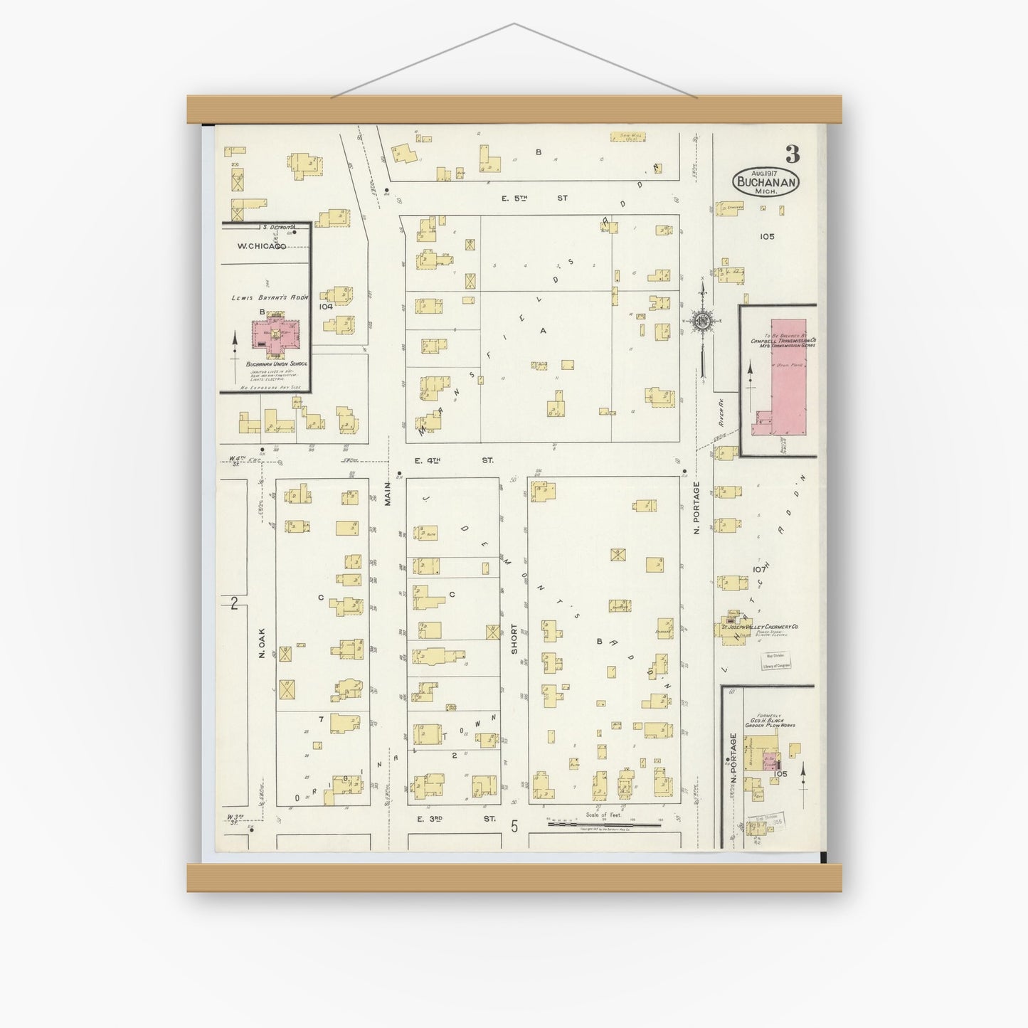 Old map wall art mockup — magnetic wood frame on white wall — Sanborn Fire Insurance Map from Buchanan, Berrien County, Michigan (1917), Sheet #0003