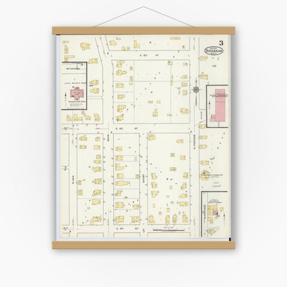 Old map wall art mockup — magnetic wood frame on white wall — Sanborn Fire Insurance Map from Buchanan, Berrien County, Michigan (1917), Sheet #0003