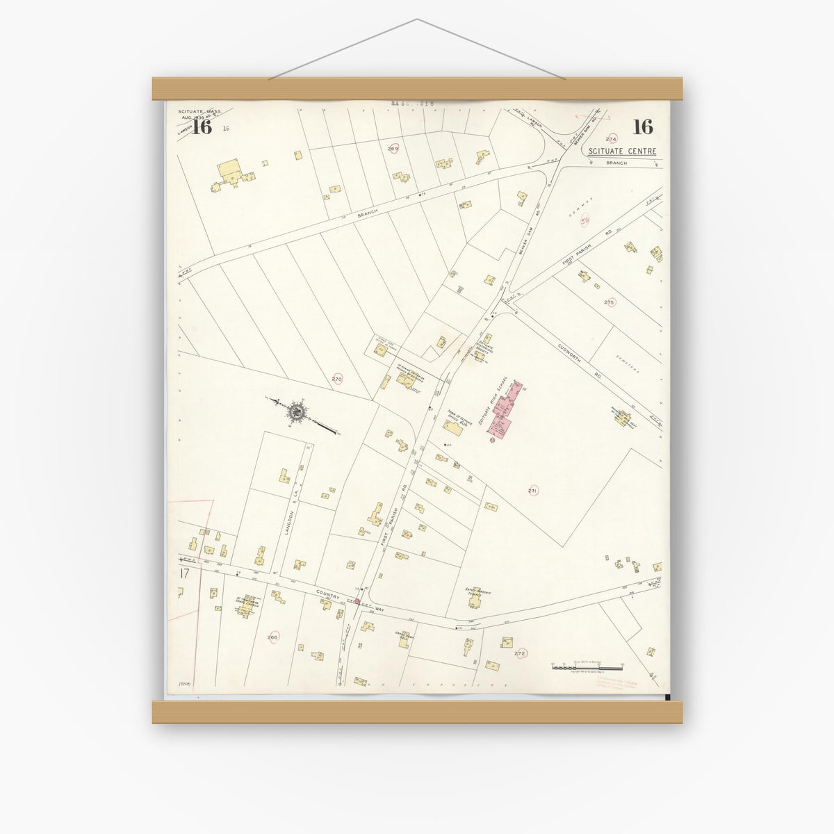 Old map wall art mockup — magnetic wood frame on white wall — Sanborn Fire Insurance Map from Scituate, Plymouth County, Massachusetts (1944), Sheet #0016