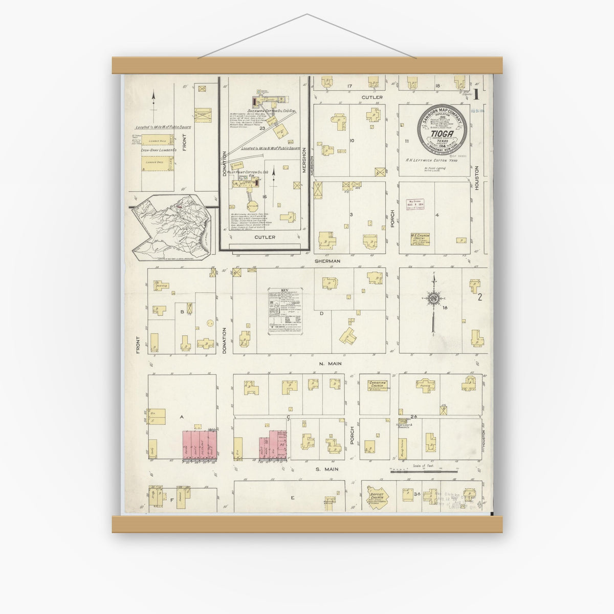 Old map wall art mockup — magnetic wood frame on white wall — Sanborn Fire Insurance Map from Tioga, Grayton County, Texas (1914) - Complete Map Set