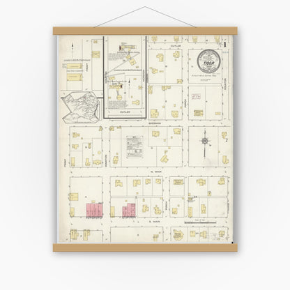 Old map wall art mockup — magnetic wood frame on white wall — Sanborn Fire Insurance Map from Tioga, Grayton County, Texas (1914) - Complete Map Set