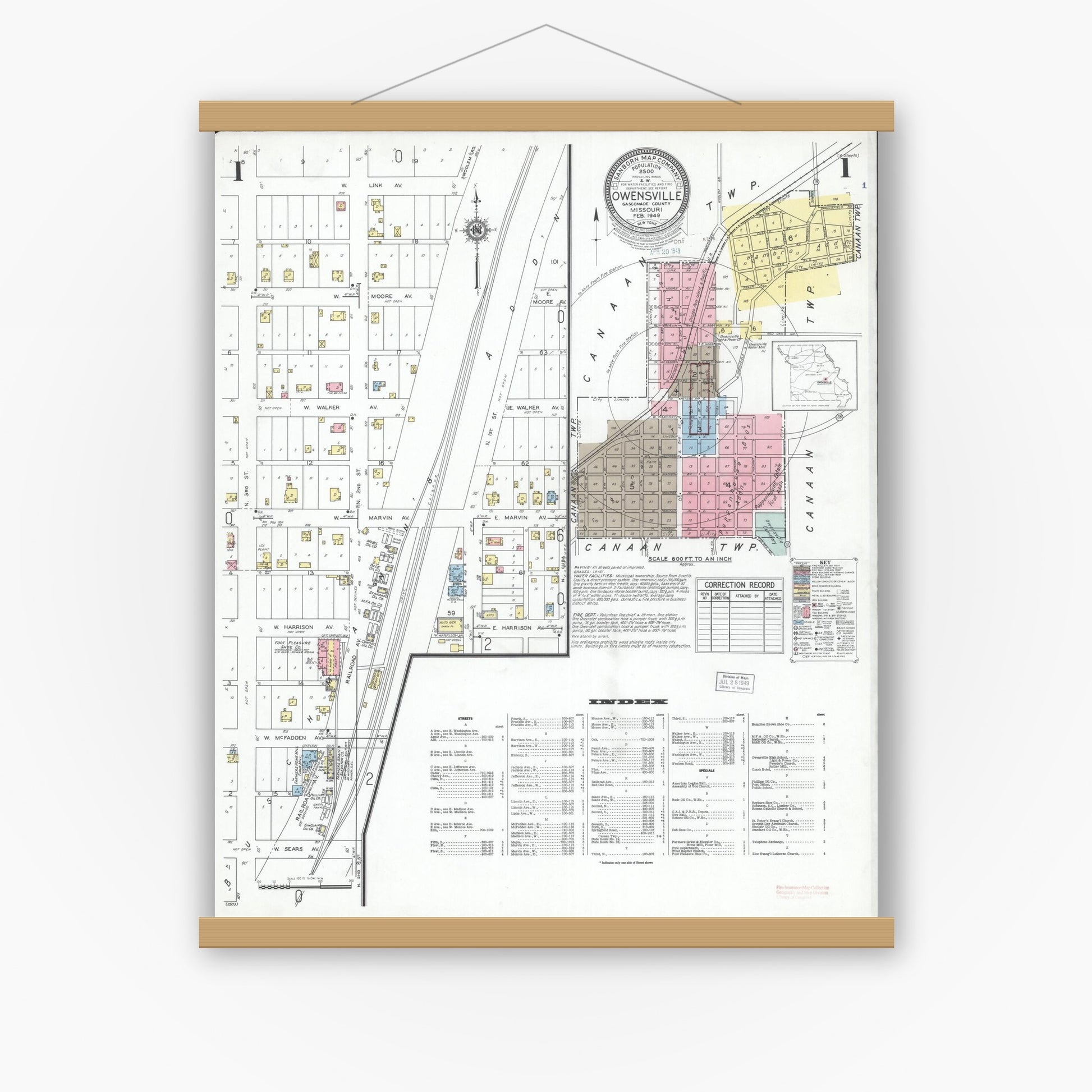 Old map wall art mockup — magnetic wood frame on white wall — Sanborn Fire Insurance Map from Owensville, Gasconade County, Missouri (1949) - Complete Map Set