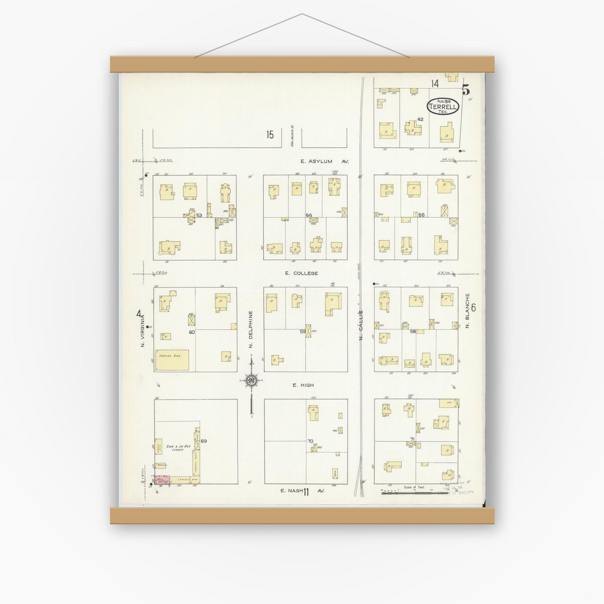 Old map wall art mockup — magnetic wood frame on white wall — Sanborn Fire Insurance Map from Terrell, Kaufman County, Texas (1914), Sheet #0005