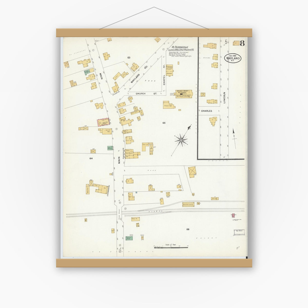 Old map wall art mockup — magnetic wood frame on white wall — Sanborn Fire Insurance Map from Wayland, Steuben County, New York (1908), Sheet #0008