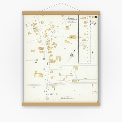 Old map wall art mockup — magnetic wood frame on white wall — Sanborn Fire Insurance Map from Wayland, Steuben County, New York (1908), Sheet #0008