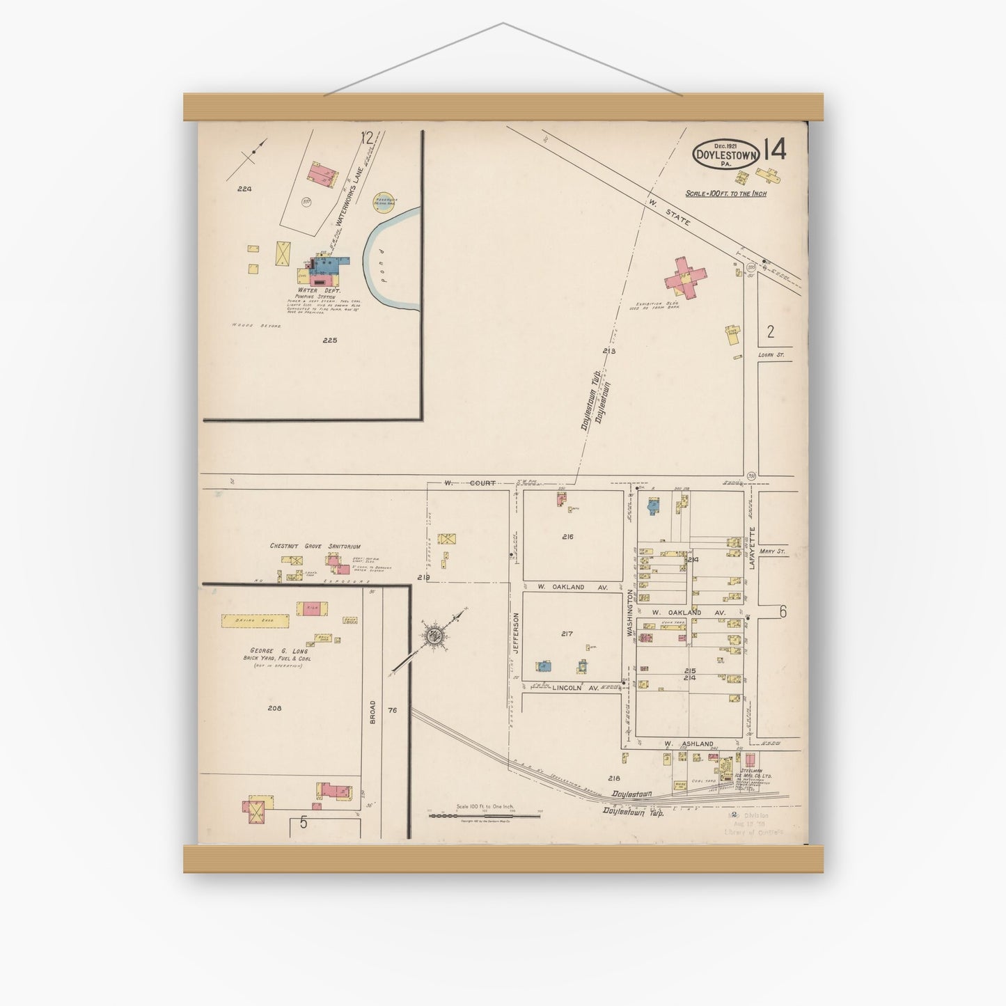 Old map wall art mockup — magnetic wood frame on white wall — Sanborn Fire Insurance Map from Doylestown, Bucks County, Pennsylvania (1922), Sheet #0014