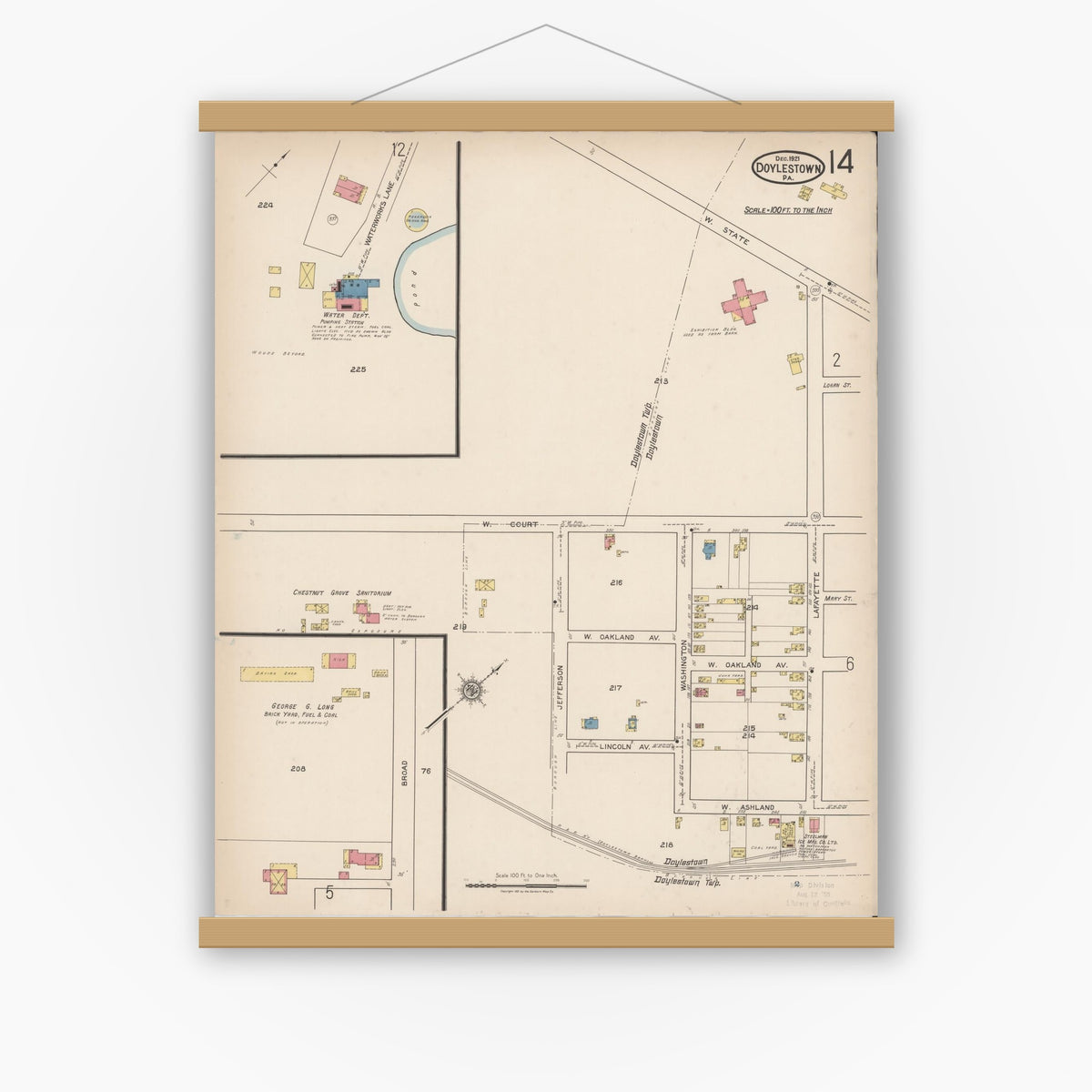 Old map wall art mockup — magnetic wood frame on white wall — Sanborn Fire Insurance Map from Doylestown, Bucks County, Pennsylvania (1922), Sheet #0014