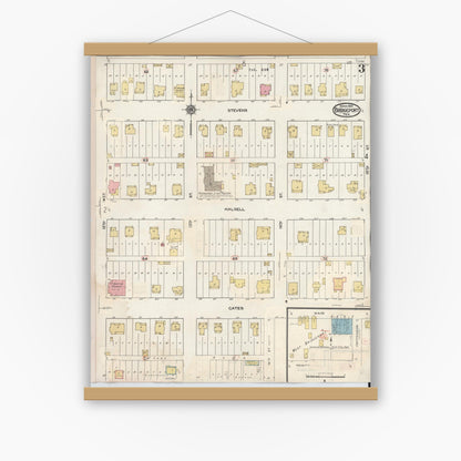 Old map wall art mockup — magnetic wood frame on white wall — Sanborn Fire Insurance Map from Bridgeport, Wise County, Texas (1944), Sheet #0003