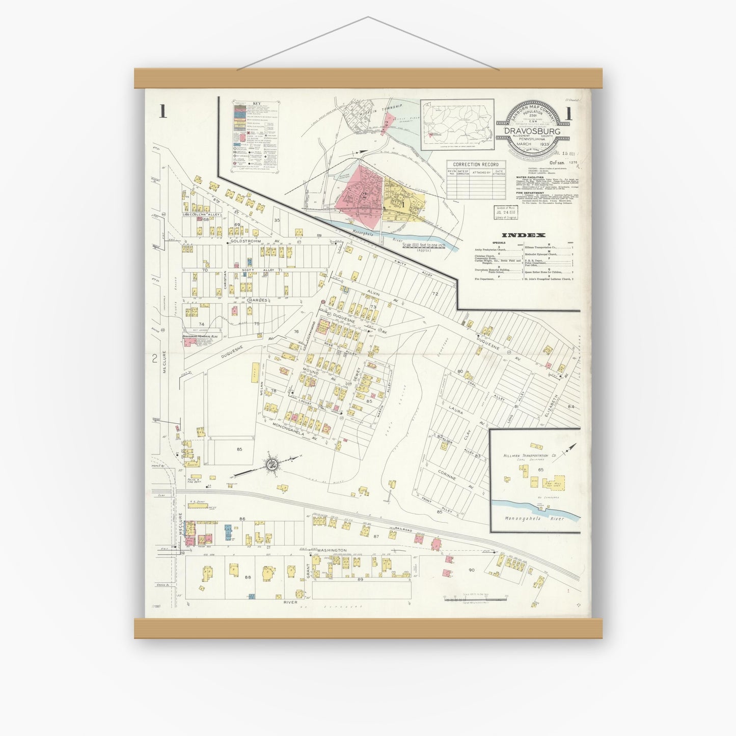 Old map wall art mockup — magnetic wood frame on white wall — Sanborn Fire Insurance Map from Dravosburg, Allegheny County, Pennsylvania (1933), Sheet #0001