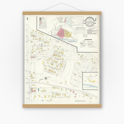 Old map wall art mockup — magnetic wood frame on white wall — Sanborn Fire Insurance Map from Dravosburg, Allegheny County, Pennsylvania (1933), Sheet #0001