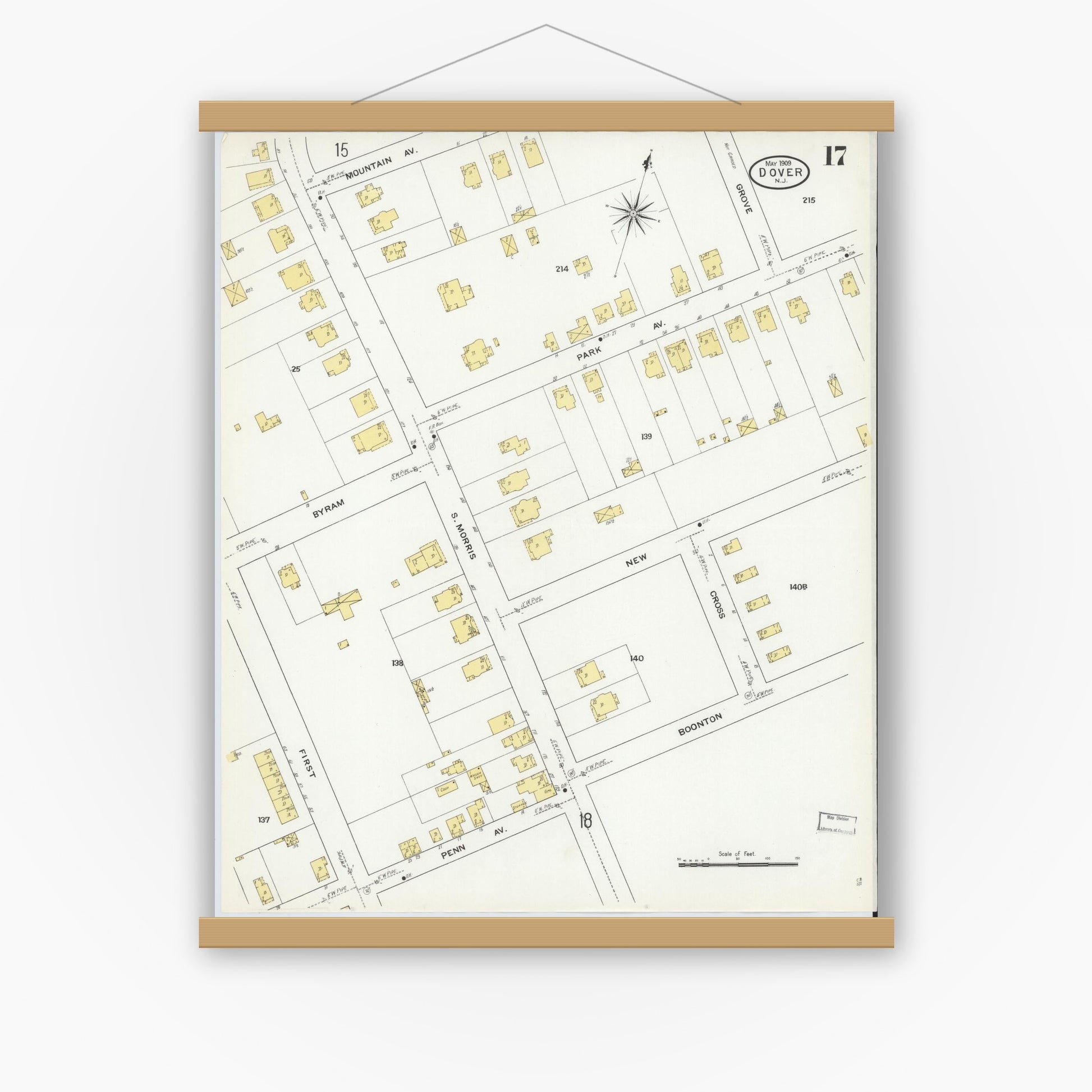 Old map wall art mockup — magnetic wood frame on white wall — Sanborn Fire Insurance Map from Dover, Morris County, New Jersey (1909), Sheet #0017
