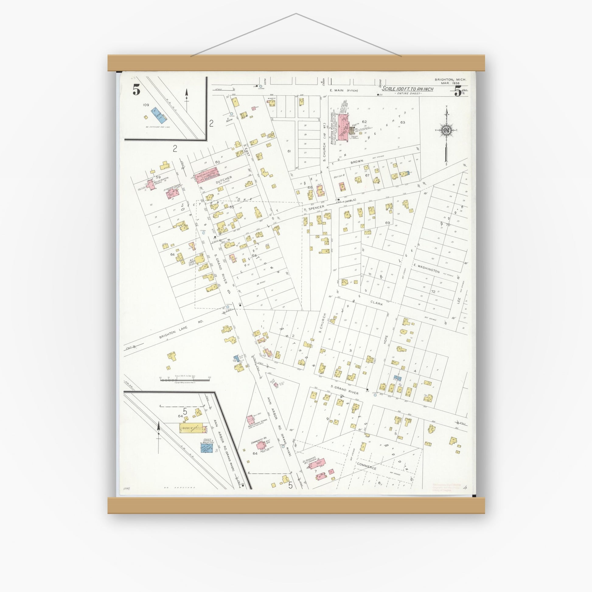 Old map wall art mockup — magnetic wood frame on white wall — Sanborn Fire Insurance Map from Brighton, Livington County, Michigan (1938), Sheet #0005