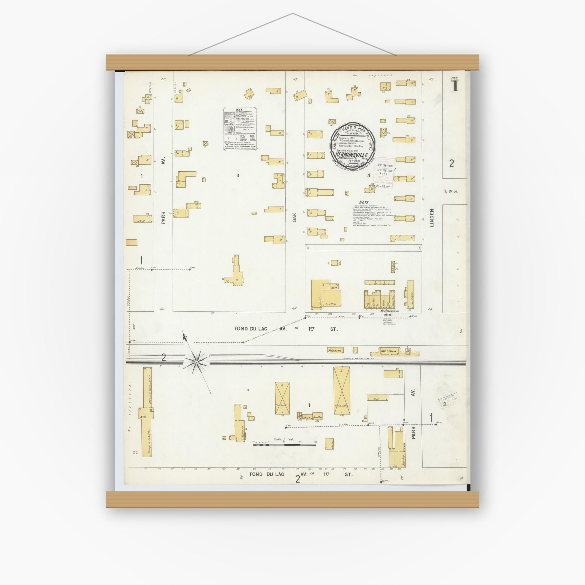 Old map wall art mockup — magnetic wood frame on white wall — Sanborn Fire Insurance Map from Hermansville, Menominee County, Michigan (1900) - Complete Map Set