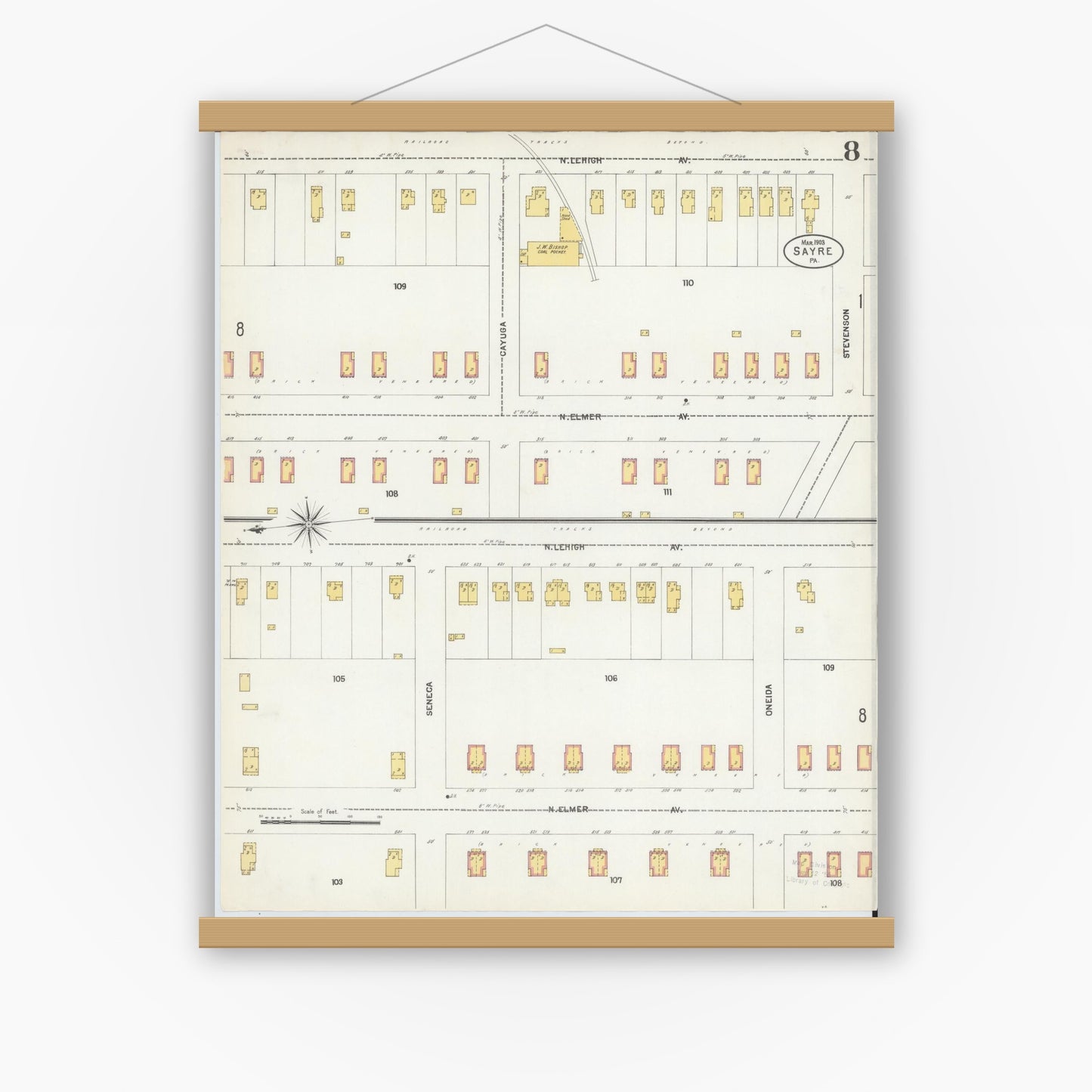 Old map wall art mockup — magnetic wood frame on white wall — Sanborn Fire Insurance Map from Sayre, Bradford County, Pennsylvania (1903), Sheet #0008