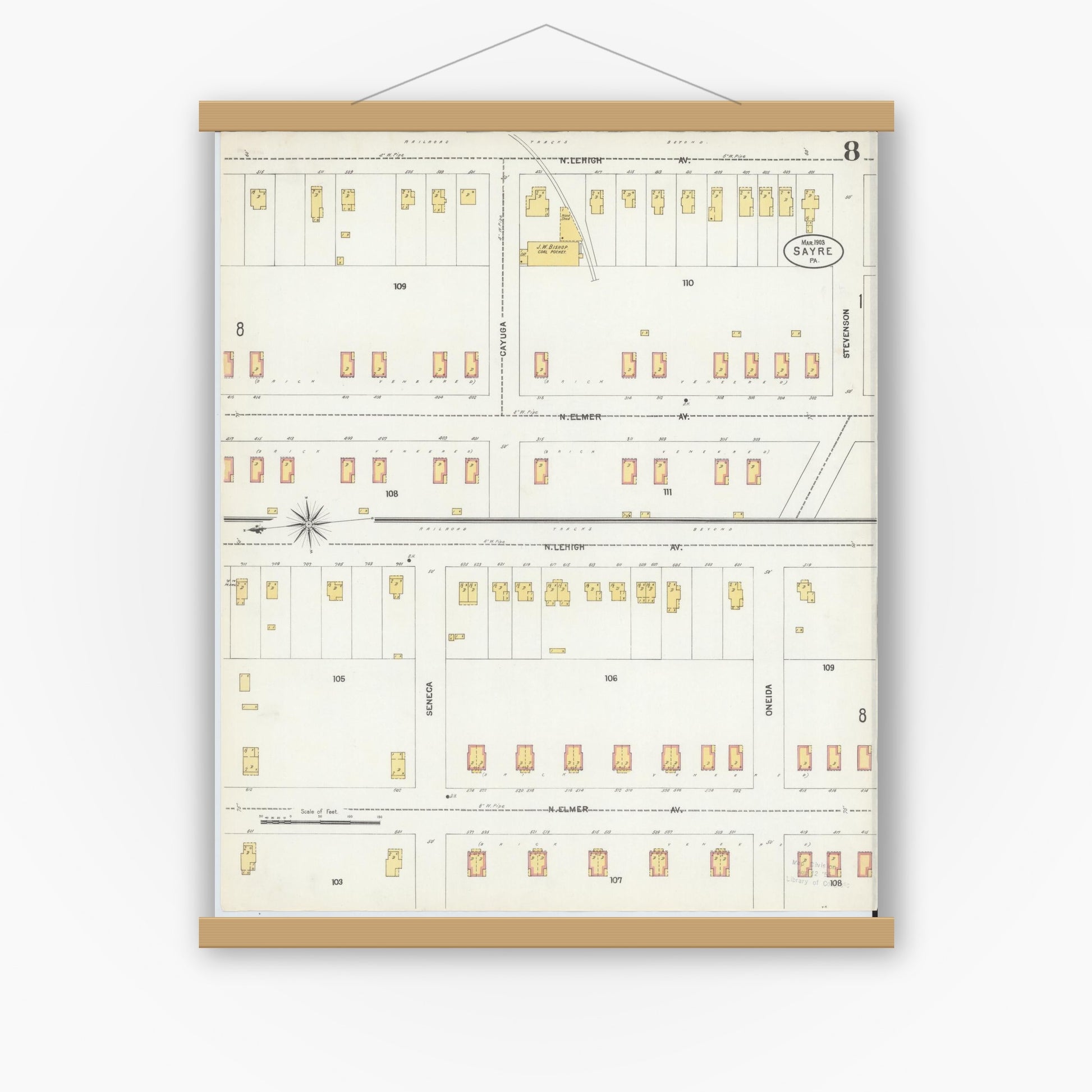 Old map wall art mockup — magnetic wood frame on white wall — Sanborn Fire Insurance Map from Sayre, Bradford County, Pennsylvania (1903), Sheet #0008